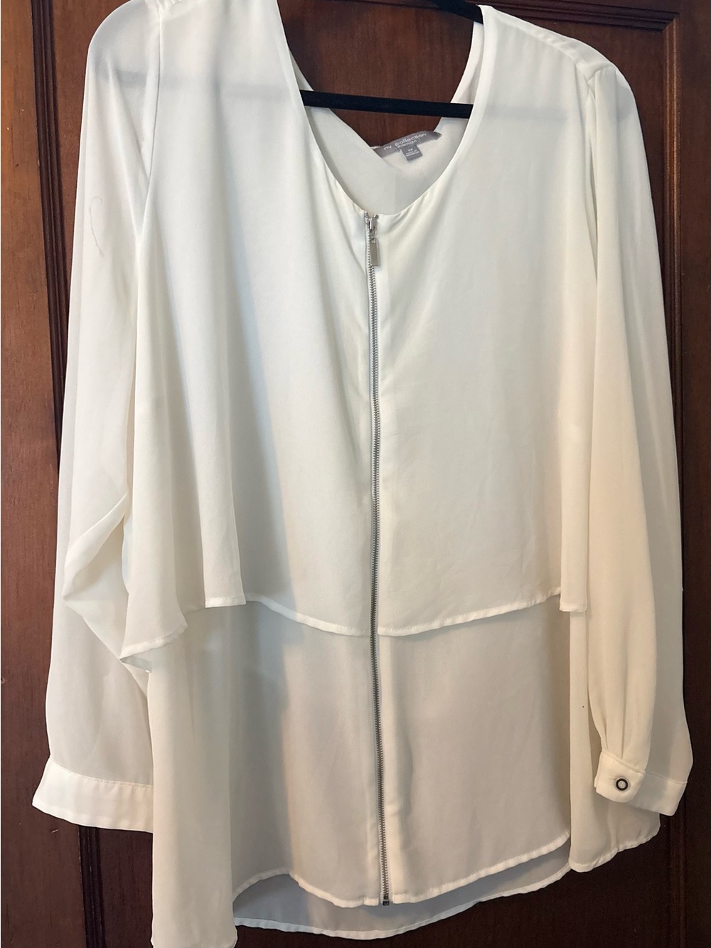 NY Collection White Layered Zip Front Button Cuff Blouse